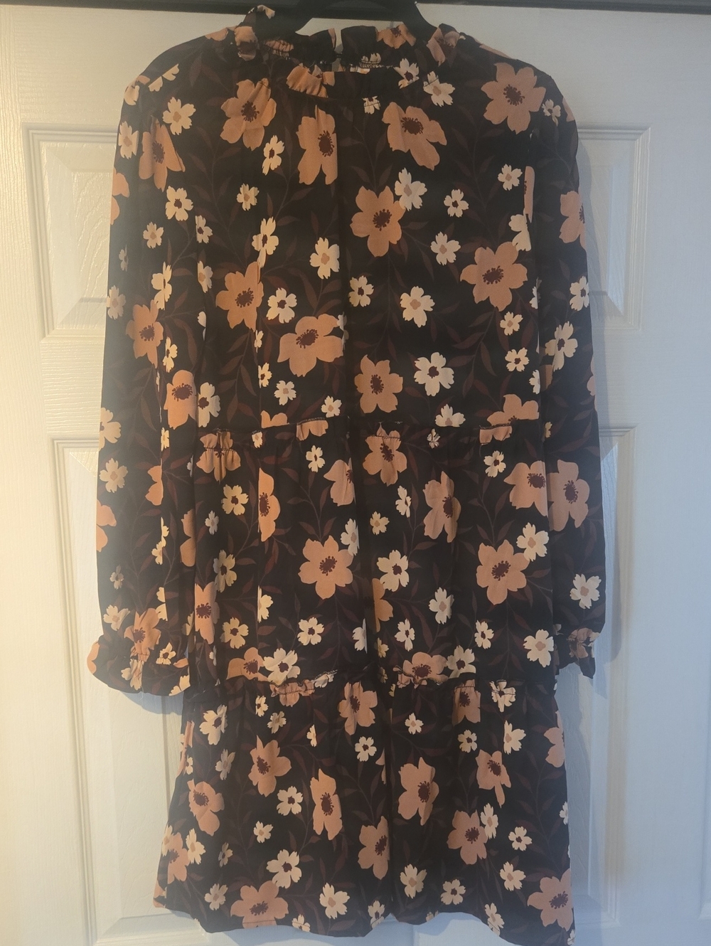 LulaRoe ANNABELLE Black Floral Tiered Long-Sleeve Dress - Peach & Cream Flowers